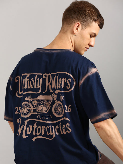 Navy Blue Oversized Spray Printed T-shirt